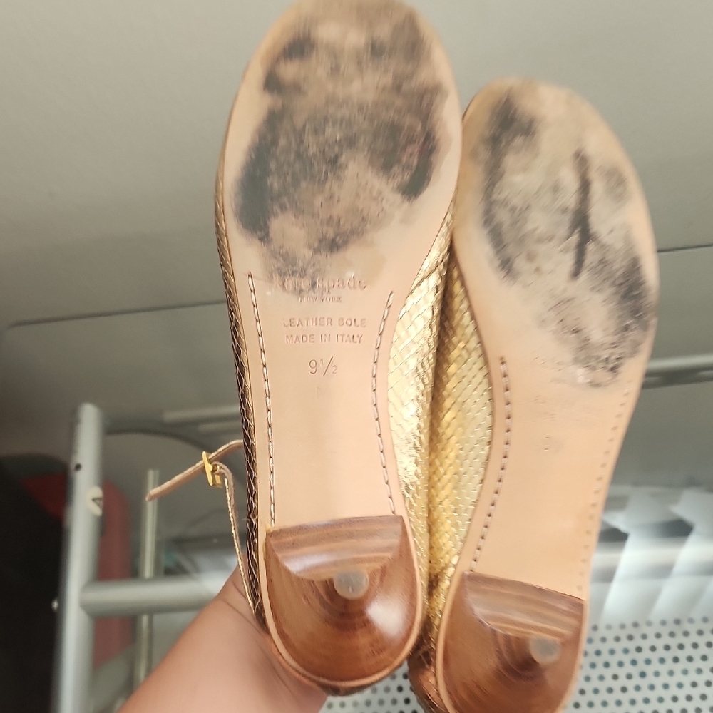 Kate Spade Gold Snakeskin Textured Mary Jane Ballet Flats Low Heel Classic Chic - Picture 7 of 10